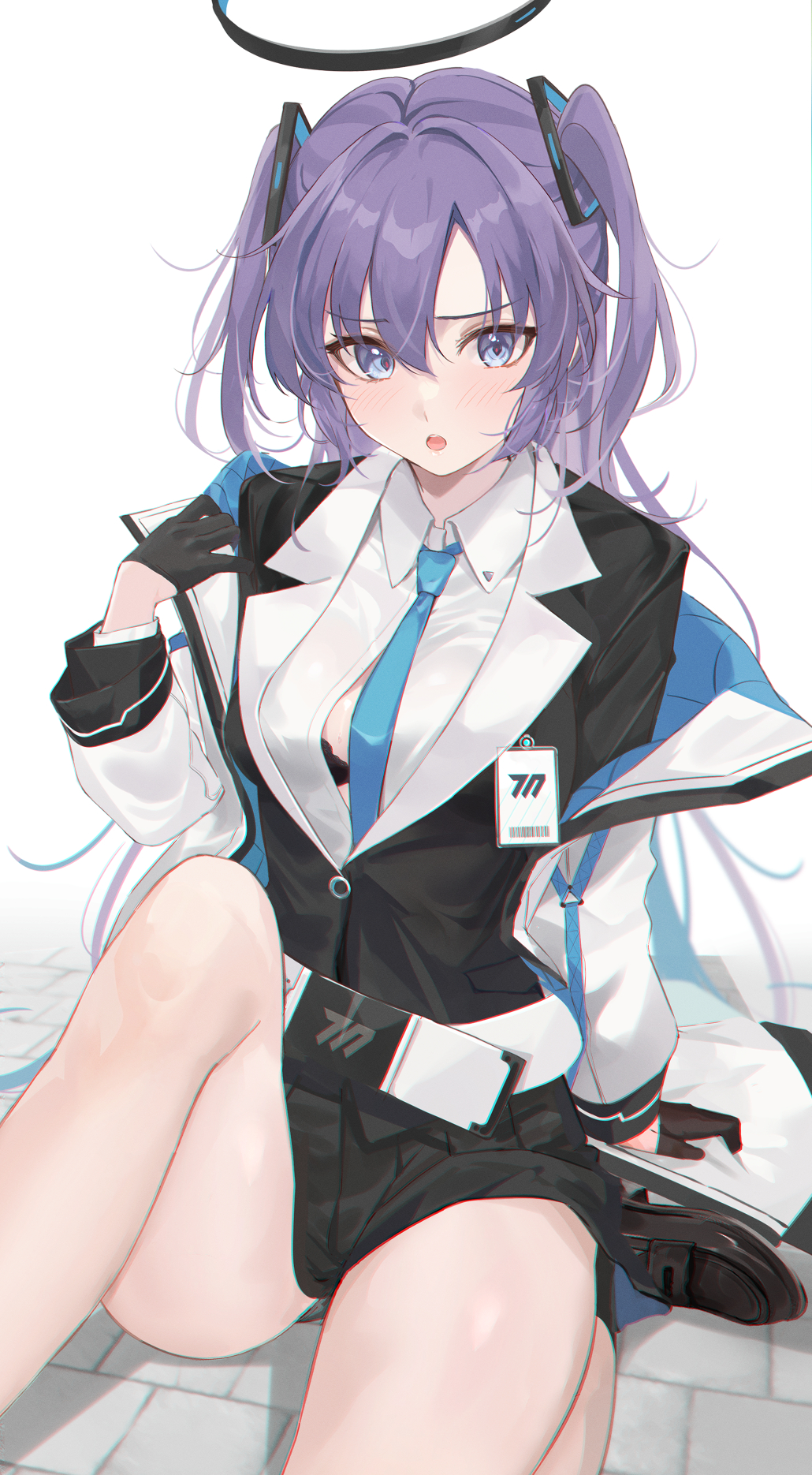 1girl black_bra blue_archive blue_necktie bra bra_peek gloves half_gloves halo highres id_card jacket mexif miniskirt multicolored_clothes multicolored_jacket necktie off_shoulder on_floor purple_hair sidelocks skirt solo two-tone_jacket underwear yuuka_(blue_archive)