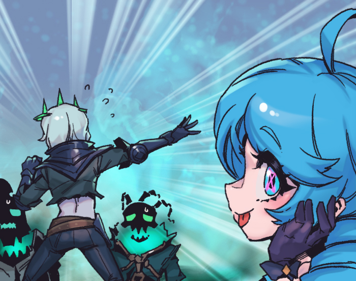 1girl 3boys :p ahoge arm_up bangs belt black_gloves black_jacket black_pants brown_belt colored_sclera creature crown emphasis_lines flying_sweatdrops from_behind gauntlets gloves green_eyes green_hair green_sclera grey_hair gwen_(league_of_legends) hand_up hecarim jacket league_of_legends long_hair looking_at_another midriff multicolored_background multiple_boys open_mouth pants phantom_ix_row shiny shiny_hair short_hair sweat sweatdrop symbol-only_commentary symbol-shaped_pupils thresh_(league_of_legends) tongue tongue_out viego_(league_of_legends) x-shaped_pupils
