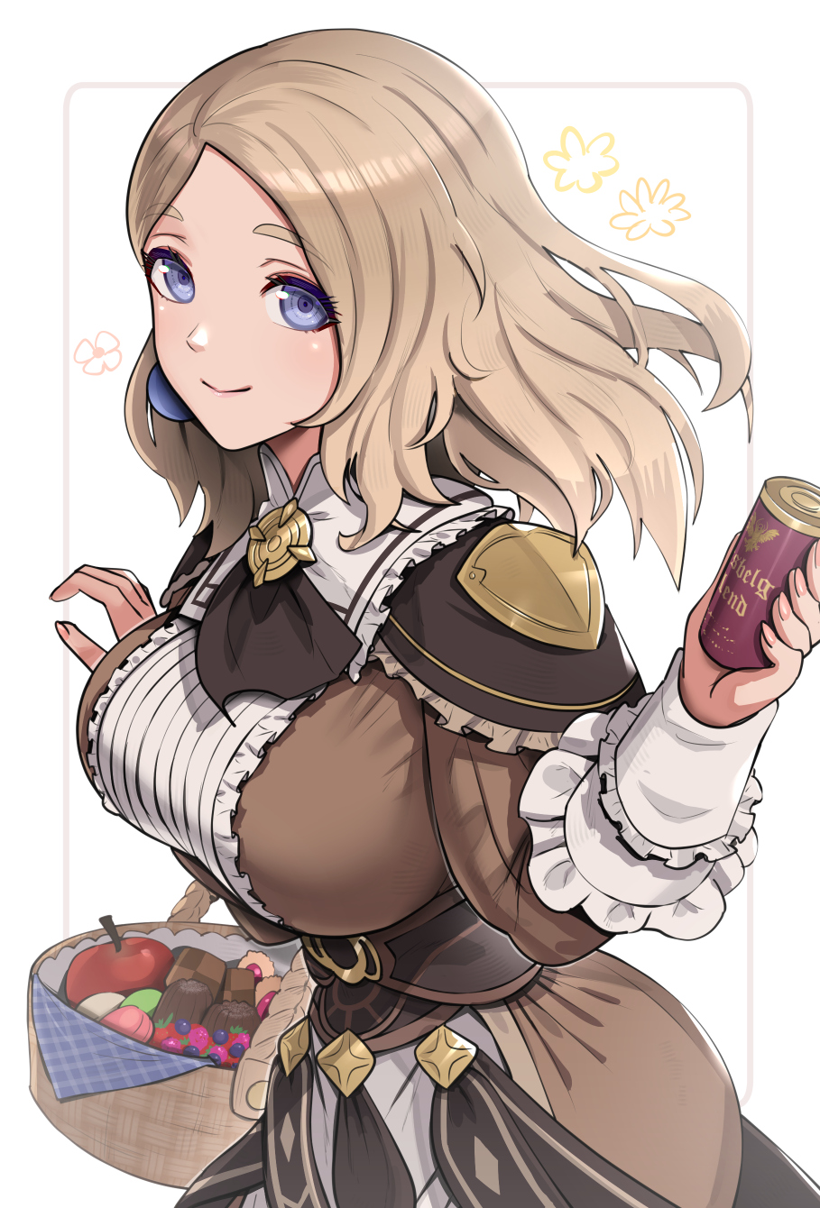 1girl alternate_hairstyle apple basket blonde_hair blue_eyes breasts brown_dress commentary_request cookie dress fire_emblem fire_emblem:_three_houses fire_emblem_warriors:_three_hopes food fruit gonzarez hand_up highres holding large_breasts long_hair looking_at_viewer medium_hair mercedes_von_martritz simple_background smile solo upper_body white_background