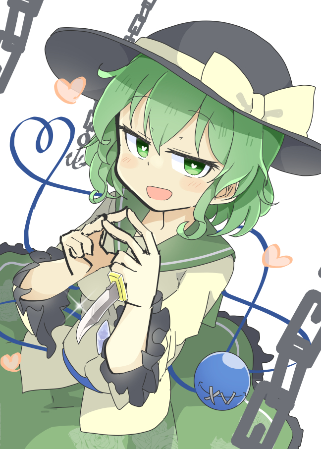 1girl bangs black_headwear bow chain eyebrows_visible_through_hair green_eyes green_hair green_skirt hat hat_bow heart heart-shaped_pupils heart_of_string holding holding_knife knife komeiji_koishi long_sleeves looking_at_viewer matsu_kitsune open_mouth shirt short_hair simple_background skirt solo symbol-shaped_pupils third_eye touhou white_background yellow_bow yellow_shirt