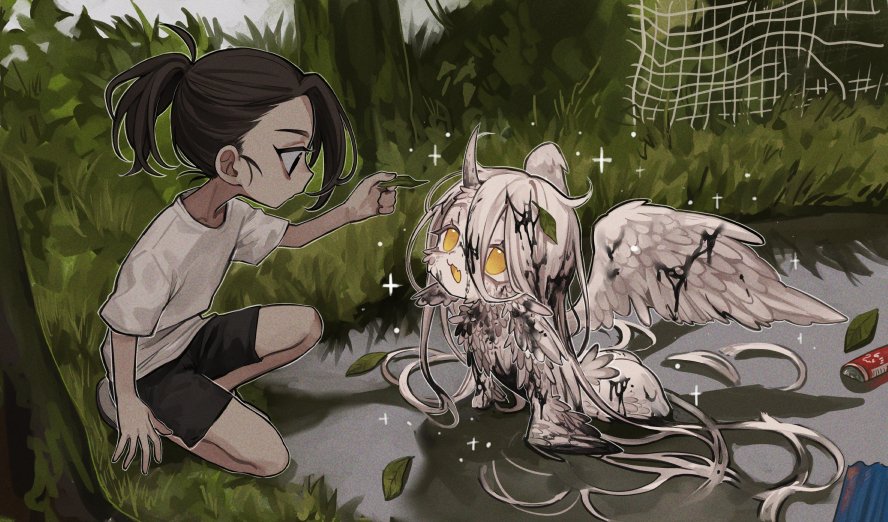 1boy 1girl animal_ears bangs bird_ears black_eyes black_hair black_shorts brown_hair can closed_mouth colored_skin dark_skin dirty feathered_wings feathers from_side grass high_ponytail holding holding_leaf horns ishida_umi leaf leaf_on_head long_hair looking_at_another lying messy_hair monster_girl on_back on_grass on_ground on_side open_mouth original outdoors partially_submerged pond ponytail profile shirt short_hair short_ponytail short_sleeves shorts single_horn smile soda_can sparkle squatting t-shirt trash very_long_hair water white_hair white_shirt white_skin wings yellow_eyes