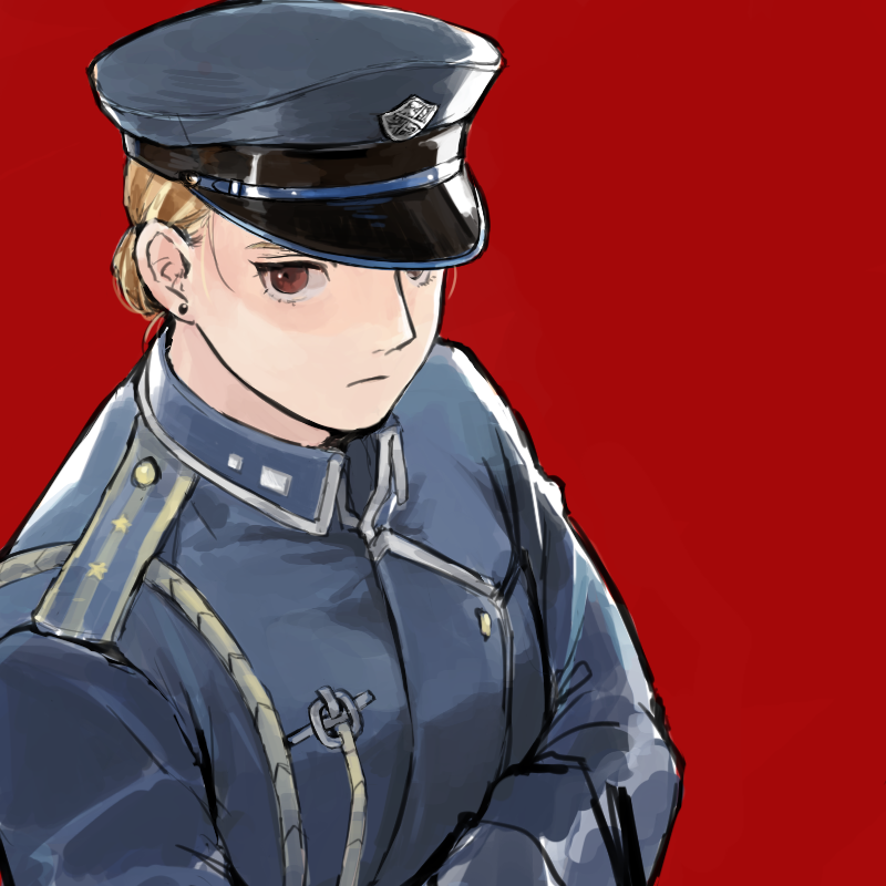 1girl aina-san blonde_hair blue_eyes blue_headwear brown_eyes commentary_request earrings from_behind fullmetal_alchemist hair_bun hat jewelry looking_at_viewer military military_uniform peaked_cap red_background riza_hawkeye simple_background solo uniform upper_body