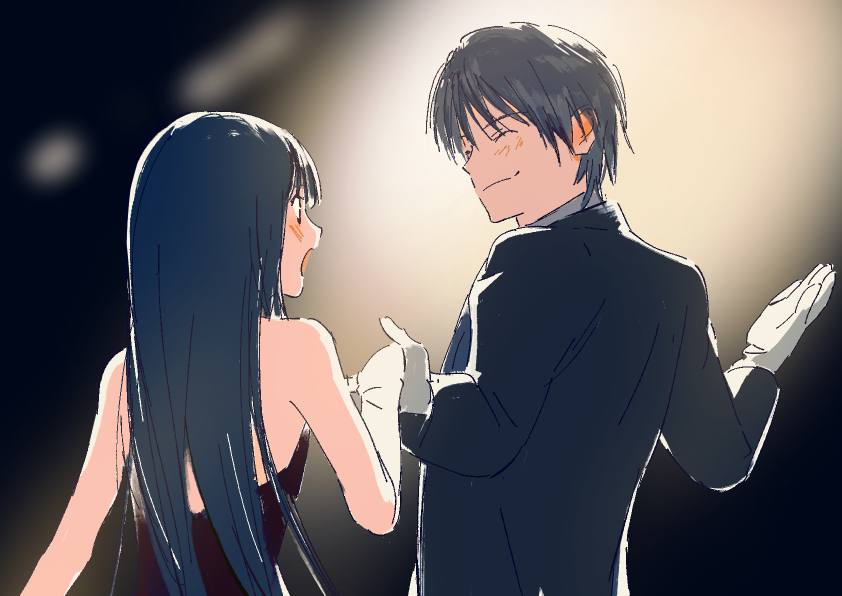 1boy 1girl bare_shoulders black_dress black_eyes black_hair blue_hair blurry blurry_background blush closed_eyes closed_mouth copyright_request dancing dress ears_visible_through_hair eyebrows_visible_through_hair formal gloves holding holding_hands kakeami long_hair looking_at_another off_shoulder open_mouth sketch smile suit white_gloves