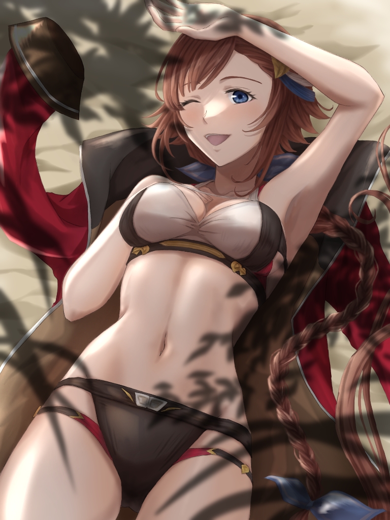 1girl arm_up armpits bangs beach bikini black_bikini blue_eyes braid braided_ponytail breasts brown_hair coat commentary dappled_sunlight from_above granblue_fantasy hair_ornament hand_on_own_chest leona_(granblue_fantasy) long_hair looking_at_viewer lying medium_breasts mismatched_bikini multi-strapped_bikini navel on_back one_eye_closed open_mouth red_coat rei_(happily-blue-butterfly) short_hair single_braid smile solo sunlight swimsuit very_long_hair white_bikini