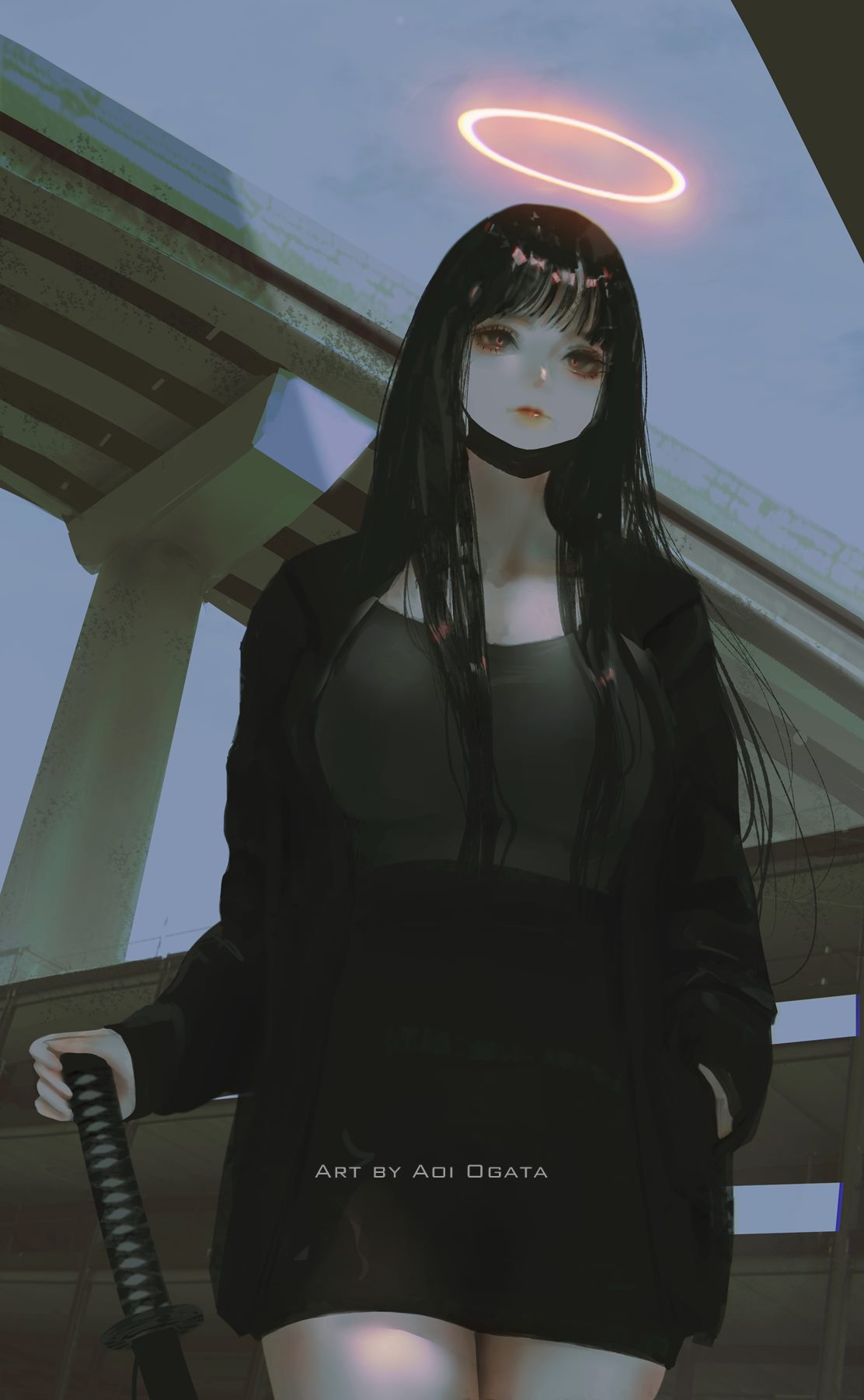 1girl aoi_ogata bangs black_hair black_jacket black_shirt black_skirt breasts bridge brown_eyes clip_studio_paint_(medium) closed_mouth clouds cloudy_sky collarbone commentary day english_commentary halo hand_in_pocket hand_on_hilt highres jacket katana long_hair long_sleeves looking_at_viewer mask mask_pull medium_breasts mouth_mask open_clothes open_jacket original outdoors red_lips shirt skirt sky sleeves_past_wrists solo sword very_long_hair weapon