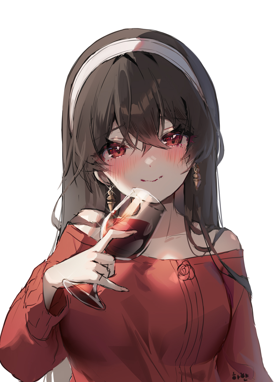 1girl alcohol bare_shoulders black_hair blush closed_mouth collarbone cup drinking_glass earrings gold_earrings hair_between_eyes hairband highres holding holding_cup jewelry long_hair looking_at_viewer red_eyes red_sweater shiro_albino smile solo spy_x_family sweater upper_body white_hairband wine wine_glass yor_briar
