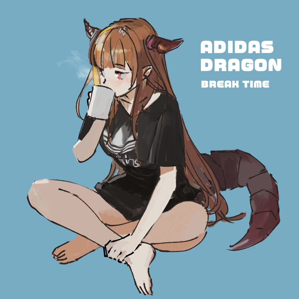 1girl barefoot blonde_hair blue_background brown_hair collarbone cup dragon_girl dragon_horns dragon_tail drinking english_text eyebrows_visible_through_hair hand_on_own_ankle holding holding_cup hololive horns indian_style kakeami kiryu_coco long_hair multicolored_hair pink_eyes pointy_ears simple_background sitting sketch solo tail very_long_hair virtual_youtuber