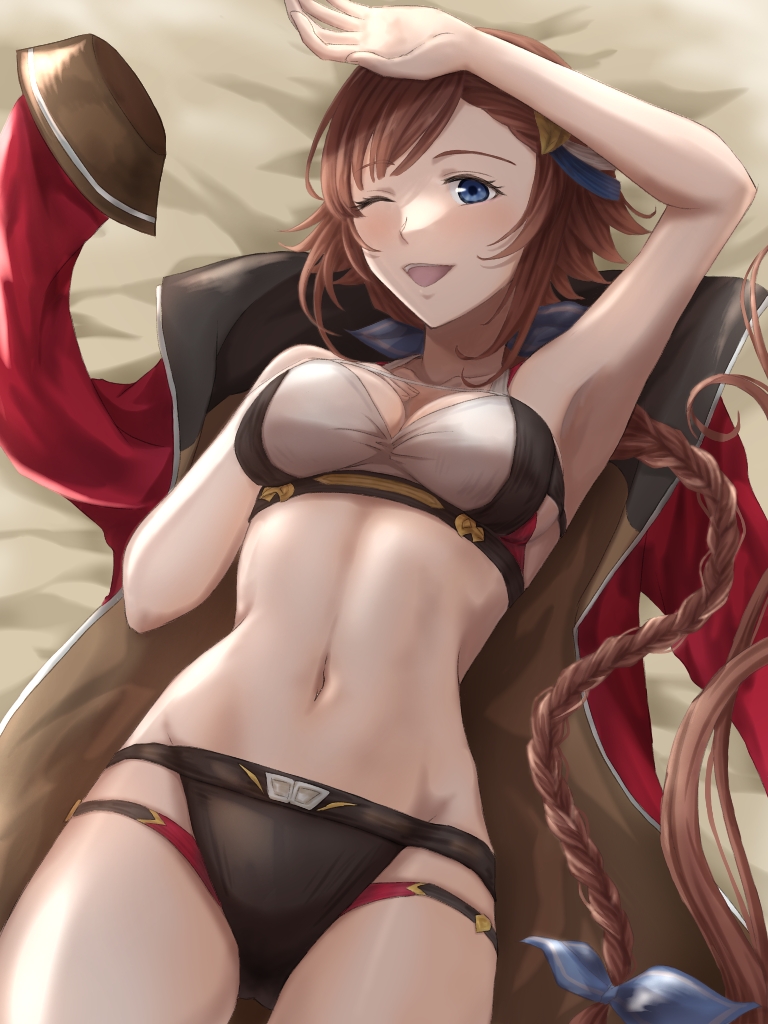 1girl arm_up armpits bangs beach bikini black_bikini blue_eyes braid braided_ponytail breasts brown_hair coat commentary from_above granblue_fantasy hair_ornament hand_on_own_chest leona_(granblue_fantasy) long_hair looking_at_viewer lying medium_breasts mismatched_bikini multi-strapped_bikini navel on_back one_eye_closed open_mouth red_coat rei_(happily-blue-butterfly) short_hair single_braid smile solo swimsuit very_long_hair white_bikini
