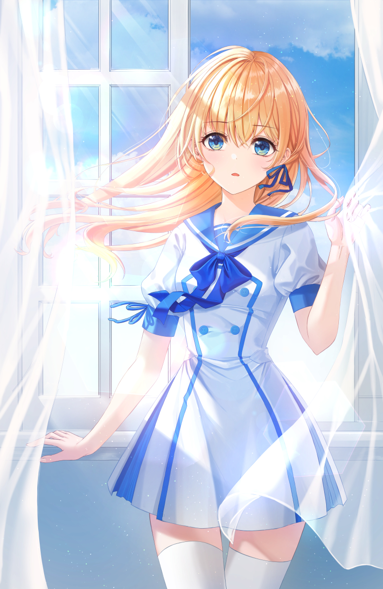 1girl bangs blonde_hair blue_eyes blue_neckerchief blue_ribbon blue_sailor_collar buttons chiya_(inae129) commentary_request cowboy_shot curtains day dress eyebrows_visible_through_hair floating_hair hair_between_eyes hair_ribbon highres long_hair neckerchief original puffy_short_sleeves puffy_sleeves ribbon sailor_collar sailor_dress short_sleeves solo thigh-highs white_dress white_legwear window