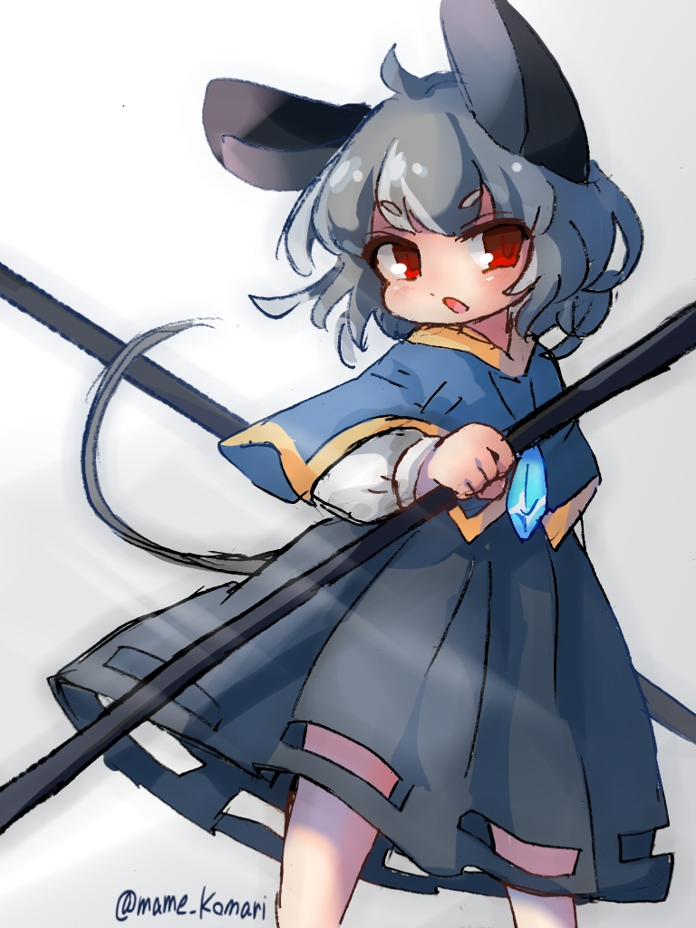 1girl animal_ears bangs blue_capelet blush capelet commentary_request dowsing_rod feet_out_of_frame grey_hair grey_skirt holding long_sleeves looking_at_viewer mame_komari mouse_ears mouse_girl mouse_tail nazrin one-hour_drawing_challenge open_mouth red_eyes shirt short_hair skirt solo tail touhou v-shaped_eyebrows white_shirt