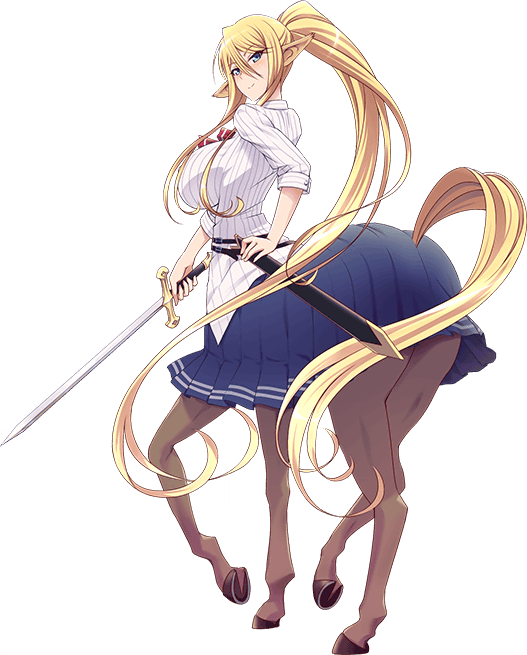 1girl absurdly_long_hair animal_ears artist_request bad_source belt blonde_hair blue_eyes blue_skirt blush breasts centaur centorea_shianus full_body holding holding_sword holding_weapon horse_ears horse_tail huge_breasts long_hair long_sword looking_at_viewer looking_back monster_girl monster_musume_no_iru_nichijou monster_musume_no_iru_nichijou_online official_art sheath shirt skirt solo sword tail taur transparent_background very_long_hair weapon white_shirt