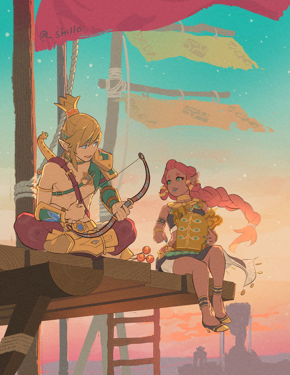 1boy 1girl abs armlet asymmetrical_clothes baggy_pants blonde_hair blue_eyes blue_lips blue_nails bow_(weapon) bracelet braid braided_ponytail child dark-skinned_female dark_skin desert_voe_set_(zelda) detached_sleeves dusk gerudo green_eyes helmet highres holding holding_bow_(weapon) holding_helmet holding_weapon indian_style jewelry link long_hair looking_at_another neck_ring observation_deck outdoors pants peacock_feathers pectorals pointy_ears red_pants red_sky redhead riju scimitar shillo shoulder_plates sitting skirt sky star_(sky) starry_sky sunset sword the_legend_of_zelda the_legend_of_zelda:_breath_of_the_wild tower_viewer twilight very_long_hair weapon weapon_on_back