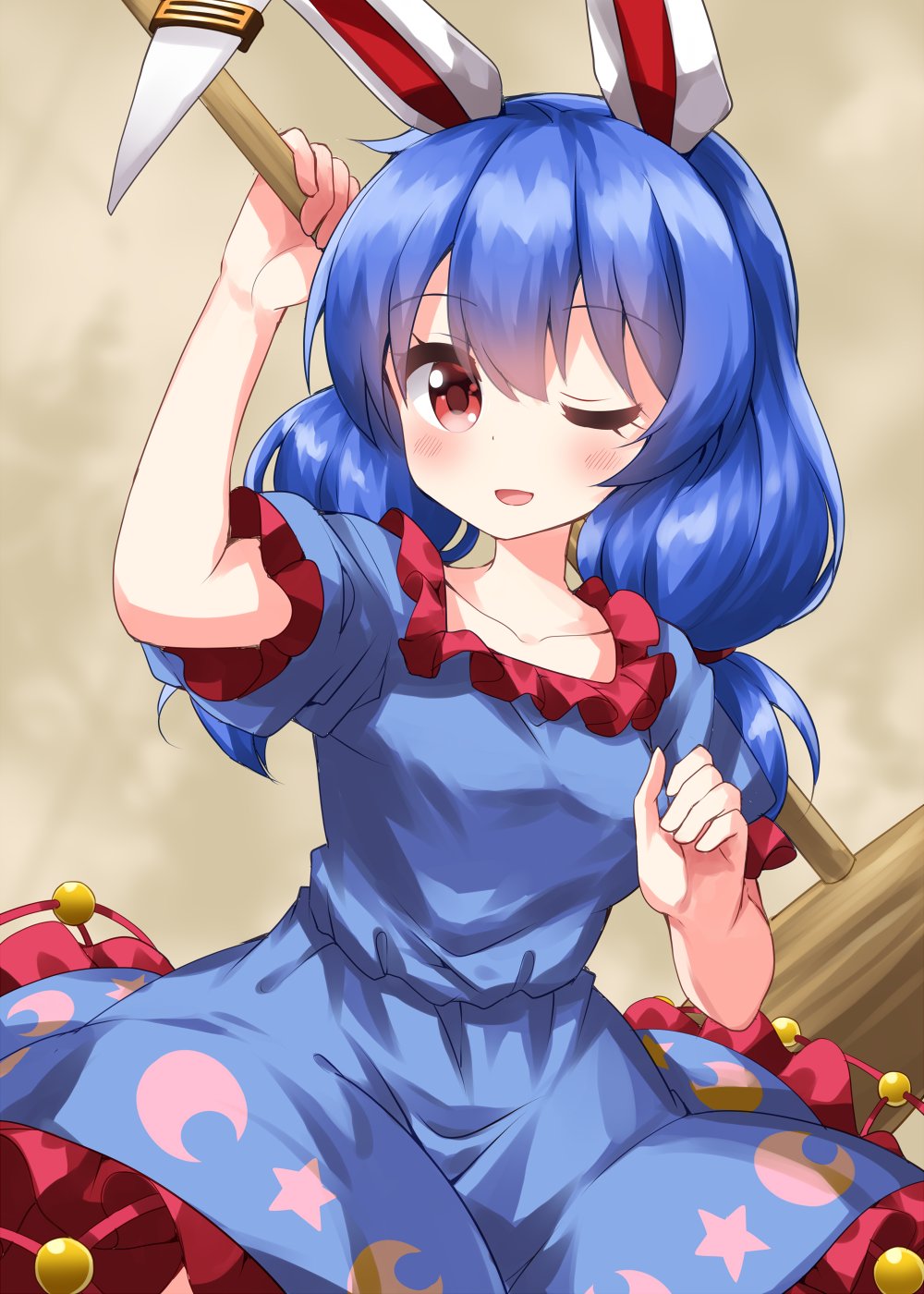 1girl animal_ears blue_dress blue_hair crescent crescent_print dress earclip highres kine mallet one-hour_drawing_challenge rabbit_ears red_eyes ruu_(tksymkw) seiran_(touhou) short_sleeves solo star_(symbol) star_print touhou