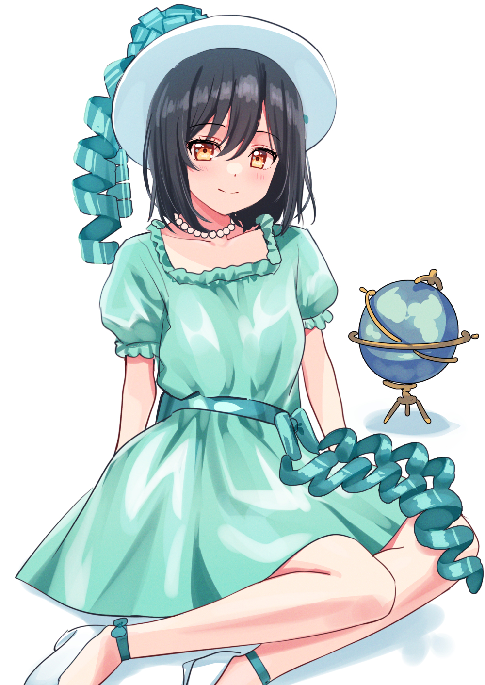 arm_support bangs black_hair bow collarbone commentary_request deadnooodles dot_nose dress eyebrows_visible_through_hair eyelashes globe green_bow green_dress hair_between_eyes hat highres jewelry legs light_blush looking_at_viewer love_live! love_live!_nijigasaki_high_school_idol_club mifune_shioriko necklace on_floor pearl_necklace puffy_short_sleeves puffy_sleeves ribbed_hat shoes short_hair short_sleeves smile waist_bow white_background white_footwear white_headwear yellow_eyes