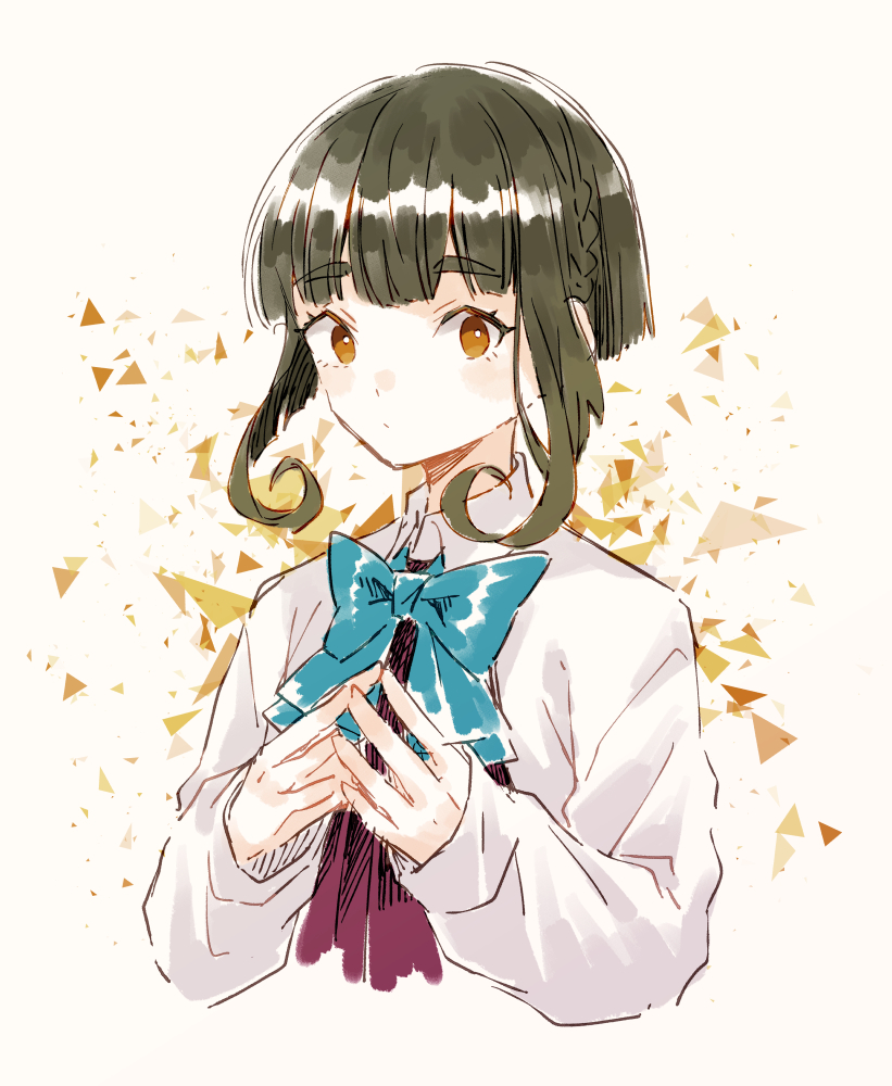 1girl bangs blue_bow blue_bowtie blunt_bangs blush bow bowtie closed_mouth cropped_torso dress eyebrows_visible_through_hair green_hair kantai_collection long_sleeves miroku_san-ju orange_eyes purple_dress shirt short_hair simple_background sketch smile solo steepled_fingers takanami_(kancolle) upper_body white_shirt