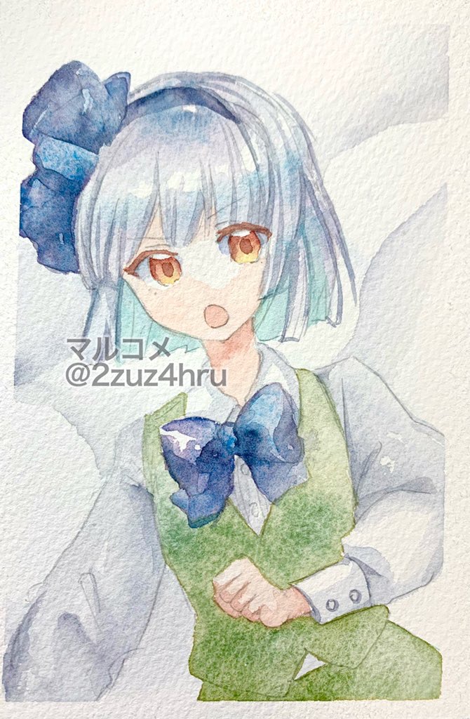 1girl 2zuz4hru artist_name bangs blue_bow blue_hairband blue_ribbon bow collared_shirt green_skirt green_vest hairband konpaku_youmu konpaku_youmu_(ghost) long_sleeves painting_(medium) portrait ribbon serious shirt short_hair skirt straight_hair touhou traditional_media twitter_username vest watercolor_(medium) white_hair