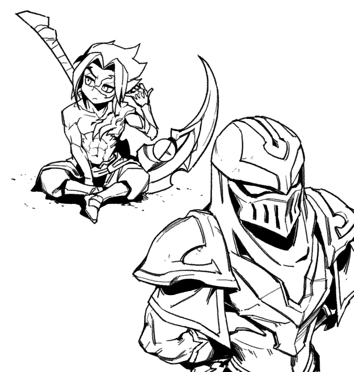 2boys abs armor bangs facial_mark grey_background hood hood_up kayn_(league_of_legends) league_of_legends mask medium_hair multiple_boys navel pants parted_bangs phantom_ix_row scythe shoes shoulder_armor shoulder_plates simple_background sitting standing topless_male zed_(league_of_legends)