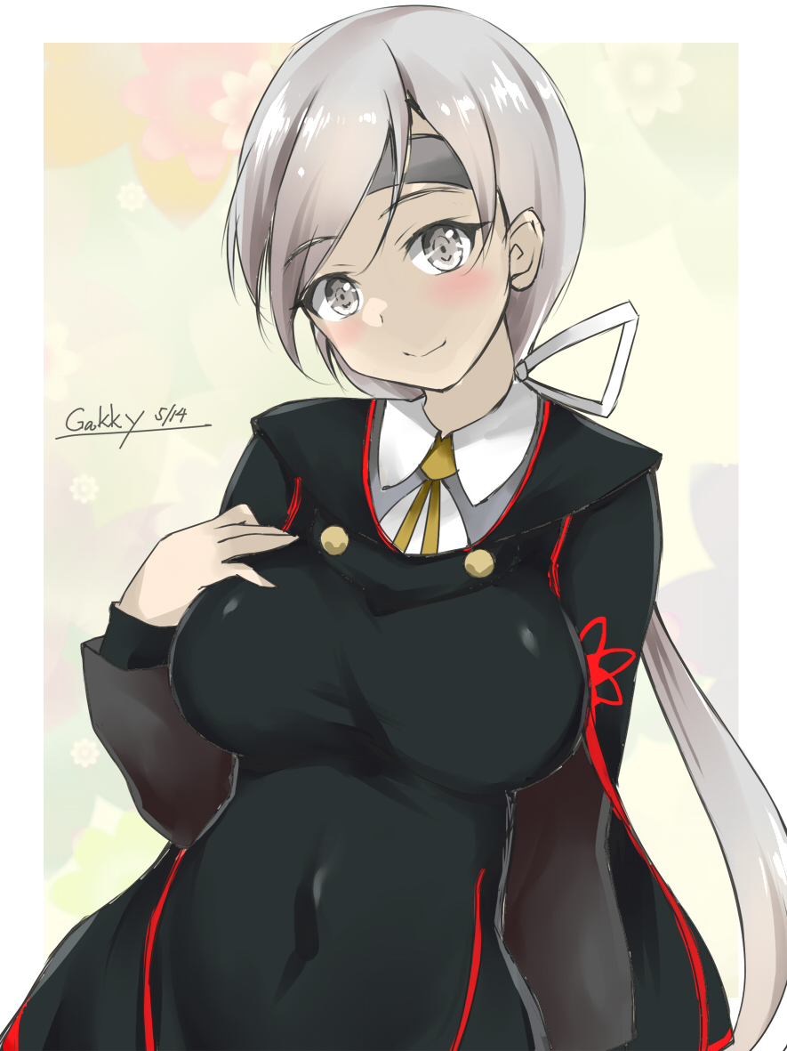 1girl blouse chitose_(kancolle) collared_shirt gakky grey_eyes grey_hair headband kantai_collection long_hair official_alternate_costume one-hour_drawing_challenge ponytail shirt smile solo white_headband