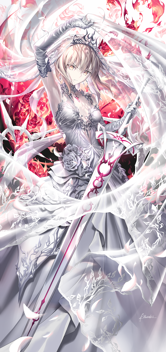 1girl arm_up armpits artoria_pendragon_(fate) bangs blonde_hair braid breasts bridal_veil closed_mouth dress elbow_gloves excalibur_morgan_(fate) fate/stay_night fate_(series) french_braid gloves hair_between_eyes hair_bun highres holding holding_sword holding_veil holding_weapon jewelry kousaki_rui long_dress long_hair looking_at_viewer medium_breasts necklace saber_alter sidelocks signature solo sword tiara v-shaped_eyebrows veil weapon white_dress white_gloves yellow_eyes