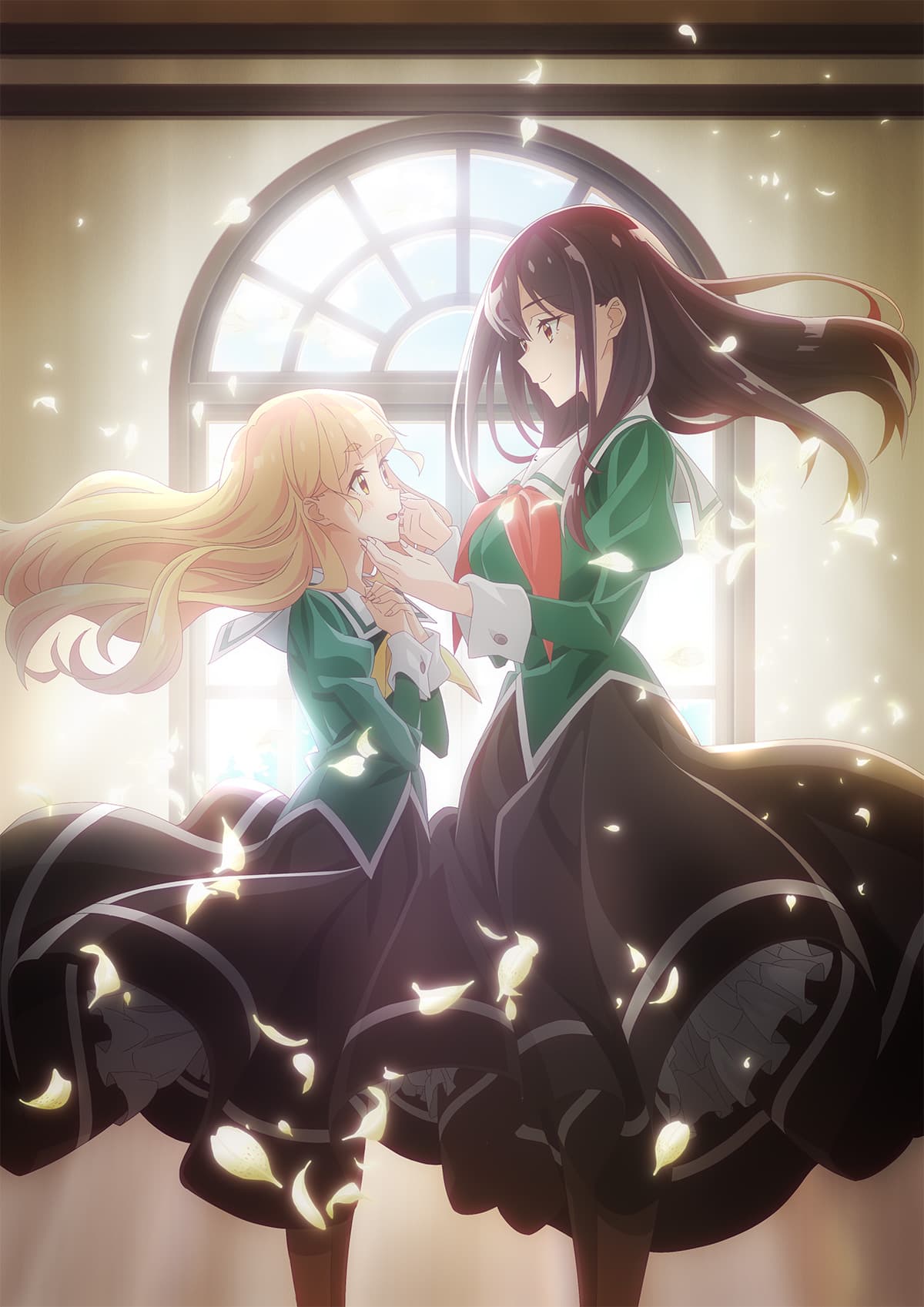 2girls :d bangs black_hair black_legwear black_skirt blonde_hair blunt_bangs brown_eyes from_side green_shirt highres key_visual long_hair long_skirt looking_at_another multiple_girls neckerchief official_art promotional_art red_neckerchief sailor_collar school_uniform serafuku shiraki_hime shirt skirt smile watashi_no_yuri_wa_oshigoto_desu! yano_mizuki yellow_neckerchief