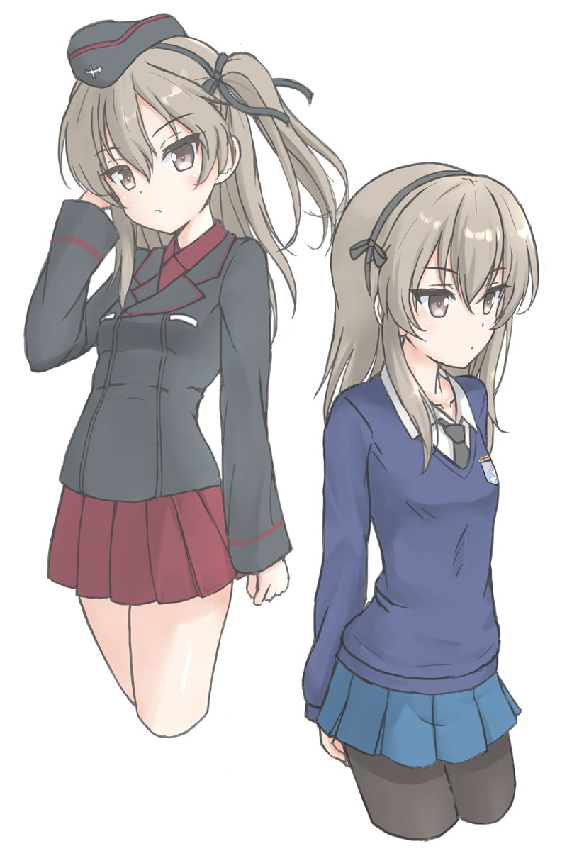 1girl alternate_costume bangs black_hairband black_headwear black_jacket black_legwear black_necktie blue_skirt blue_sweater brown_eyes brown_hair closed_mouth collared_shirt commentary_request cosplay cropped_legs eyebrows_visible_through_hair flipper garrison_cap girls_und_panzer hair_between_eyes hairband hand_up hat highres jacket kuromorimine_military_uniform long_hair long_sleeves looking_at_viewer looking_away multiple_views necktie one_side_up pantyhose pleated_skirt red_shirt red_skirt school_uniform shimada_arisu shirt simple_background skirt st._gloriana's_school_uniform sweater white_background