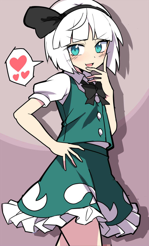 1girl black_bow black_bowtie black_hairband blush bow bowtie e.o. green_eyes green_skirt hairband hand_on_hip heart konpaku_youmu looking_at_viewer open_mouth puffy_short_sleeves puffy_sleeves short_hair short_sleeves skirt smile solo spoken_heart touhou white_hair