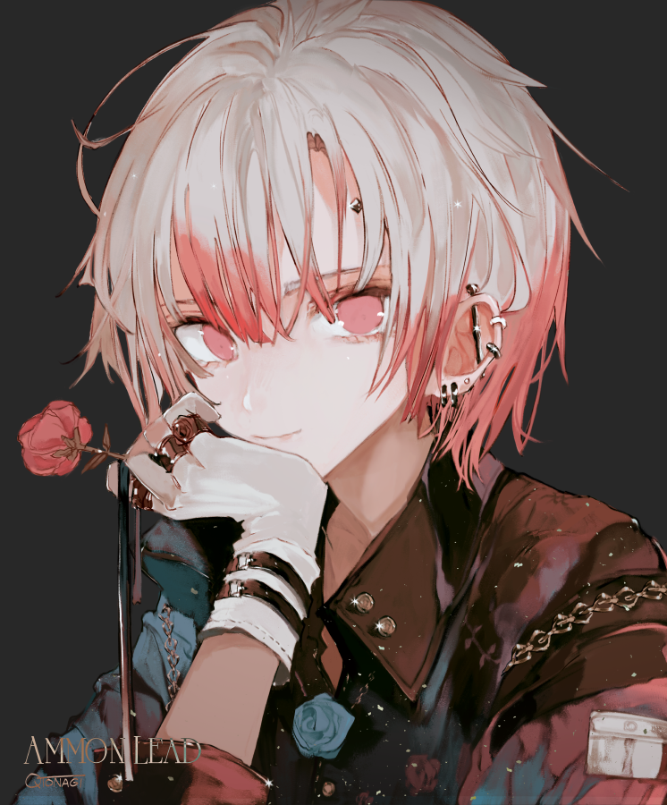 1boy akuma_shitsuji_to_kuroi_neko androgynous asahiro black_hair blue_flower blue_rose blush ear_piercing flower long_sleeves looking_at_viewer looking_to_the_side male_focus multicolored_hair pale_skin piercing pink_eyes pink_hair red_flower red_rose rose smile solo white_hair