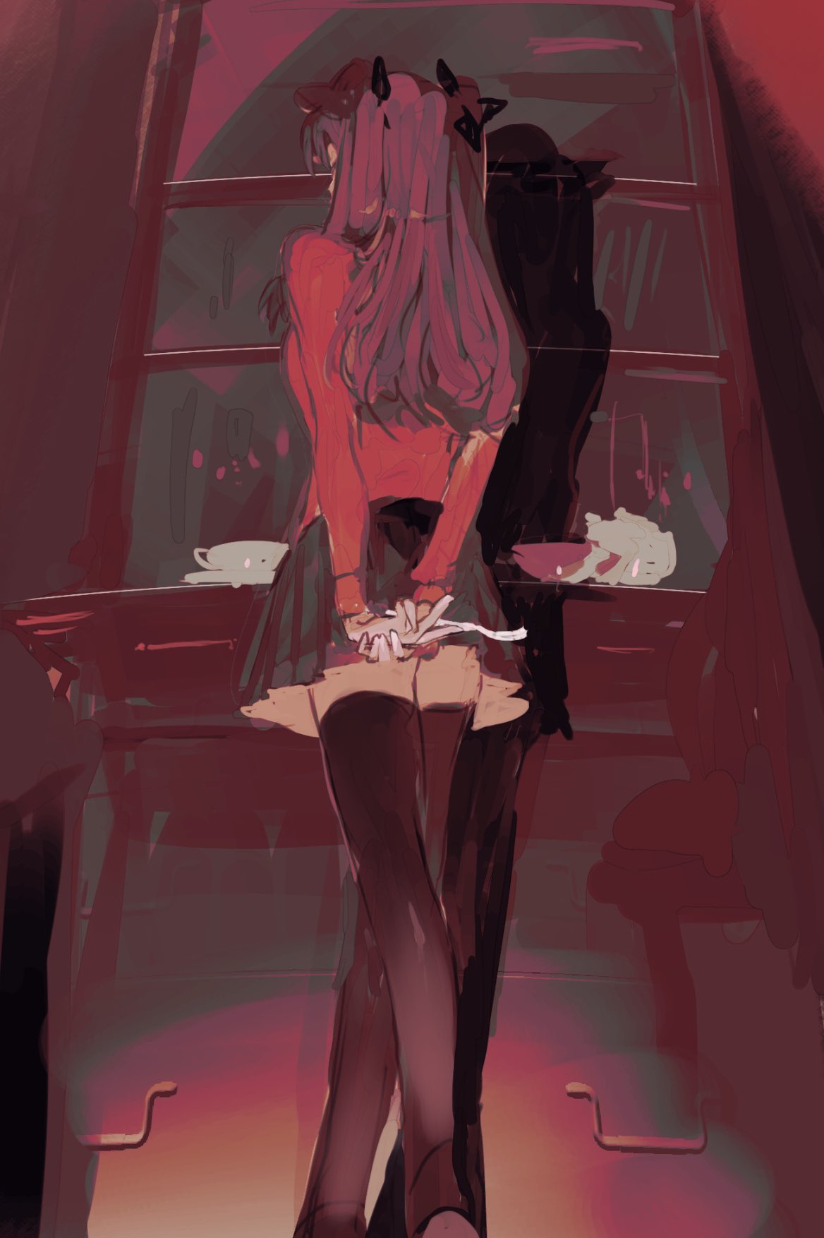 1girl arms_behind_back black_hair black_legwear black_skirt bow crossed_legs cup fate/stay_night fate_(series) from_behind from_below hair_bow highres legs legs_together long_hair own_hands_together red_shirt shirt skirt solo teacup teapot thigh-highs tohsaka_rin two_side_up ubwmitekure watson_cross