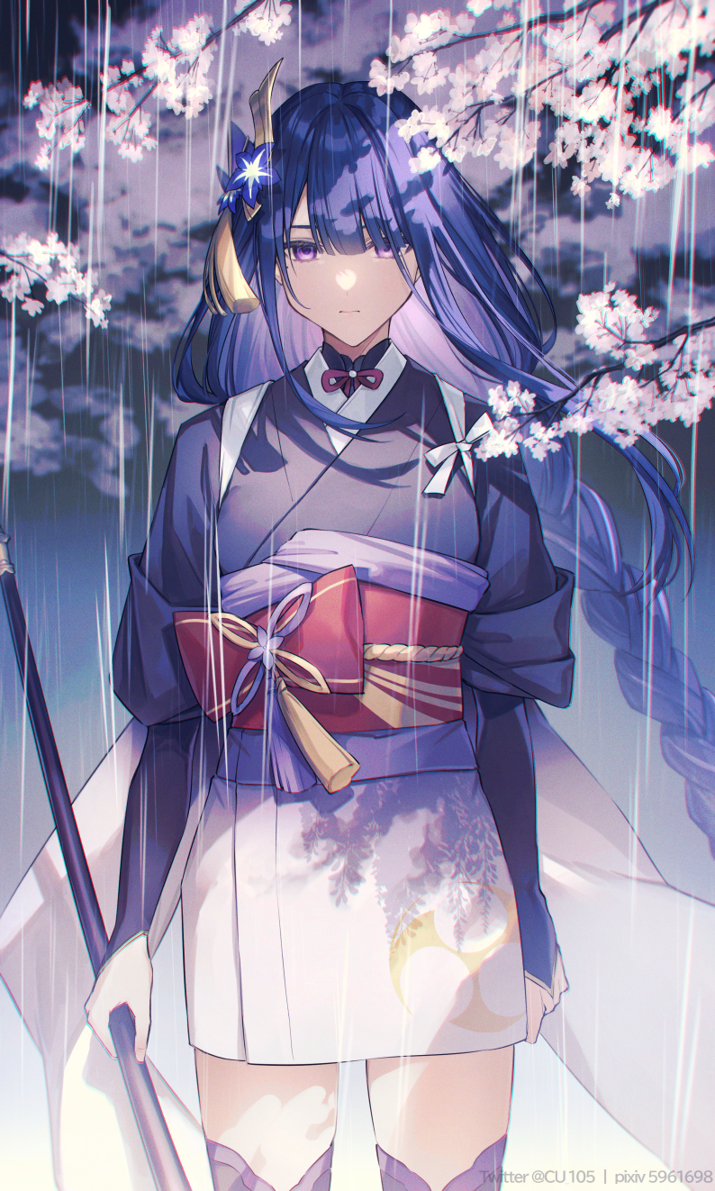 1girl bangs braid braided_ponytail breasts bridal_gauntlets commentary_request coyucom genshin_impact hair_ornament highres japanese_clothes kimono large_breasts long_hair long_sleeves looking_at_viewer mole mole_under_eye obi polearm purple_hair purple_kimono purple_legwear raiden_shogun sash spear thigh-highs thighs very_long_hair violet_eyes weapon
