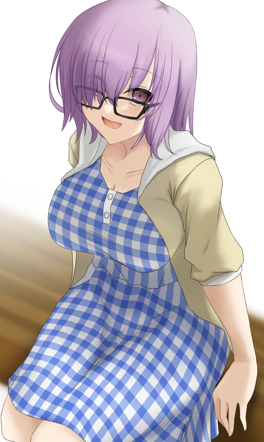 1girl bag bangs black-framed_eyewear blue_dress blush breasts casual checkered_clothes checkered_dress dress eyebrows_visible_through_hair eyes_visible_through_hair fate/grand_order fate_(series) glasses hair_over_one_eye handbag highres hood hooded_jacket hoodie jacket large_breasts looking_at_viewer mash_kyrielight mash_kyrielight_(senpai_killer_outfit) official_alternate_costume open_clothes open_hoodie open_mouth plaid plaid_dress sawatarou_(roto) short_hair simple_background smile solo violet_eyes yellow_jacket