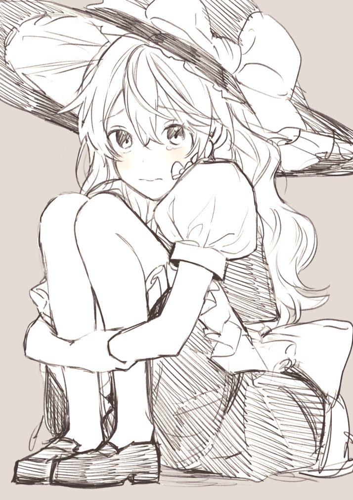 1girl blush bow braid greyscale hat hat_bow hugging_own_legs kirisame_marisa knees_to_chest light_blush long_hair looking_at_viewer monochrome puffy_short_sleeves puffy_sleeves shoes short_sleeves sitting skirt solo spot_color touhou vanilla_(miotanntann) witch_hat