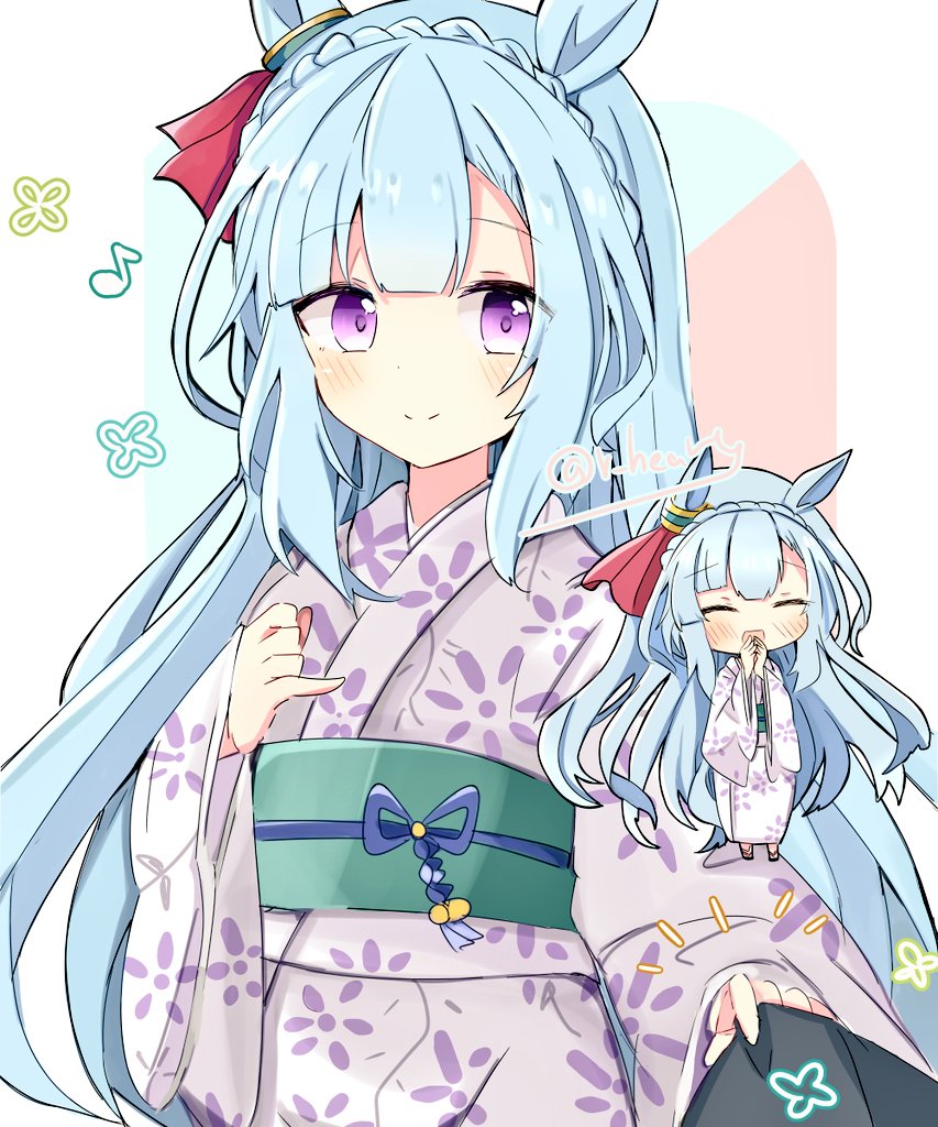 1girl alternate_costume animal_ears azukimame blue_hair blush chibi closed_eyes hair_between_eyes hair_ornament horse_ears horse_girl japanese_clothes kimono looking_at_viewer mejiro_ardan_(umamusume) smile solo tucking umamusume violet_eyes white_background