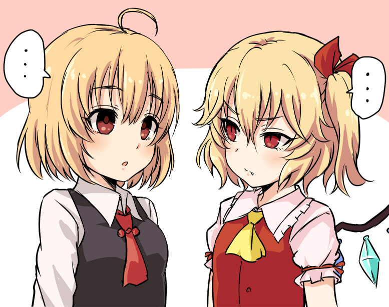 ... 2girls ahoge ascot bangs blonde_hair brown_eyes closed_mouth collarbone crystal eyebrows_visible_through_hair fang flandre_scarlet hair_ribbon long_sleeves looking_at_another multiple_girls naname_ushiro one_side_up open_mouth red_ascot red_eyes red_ribbon ribbon rumia short_hair short_sleeves spoken_ellipsis touhou upper_body wings yellow_ascot
