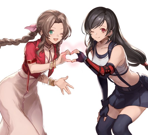 2girls aerith_gainsborough asymmetrical_bangs bangs black_hair black_legwear bracelet braid braided_ponytail breasts choker cropped_jacket dress earrings final_fantasy final_fantasy_vii final_fantasy_vii_remake fingerless_gloves gloves green_eyes hair_ribbon heart jacket jewelry leaning_forward long_dress long_hair low-tied_long_hair midriff multiple_girls navel necklace one_eye_closed open_mouth parted_bangs pink_dress red_eyes red_jacket ribbon sasanomesi shirt short_sleeves sidelocks skirt smile sports_bra suspender_skirt suspenders tifa_lockhart upper_body wavy_hair white_background white_shirt