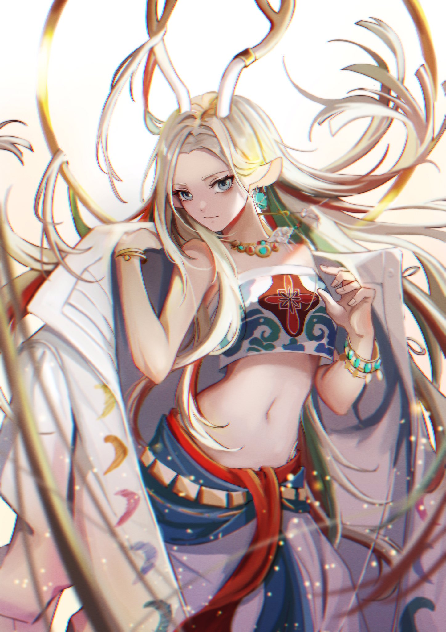 1girl a_deer_of_nine_colors animal_ears arknights blue_eyes blue_skirt bracelet chancesmily coat cowboy_shot deer_antlers deer_ears ear_piercing green_hair grey_hair hands_up highres jewelry long_hair looking_at_viewer midriff multicolored_hair navel necklace nine-colored_deer open_clothes open_coat piercing redhead simple_background skirt solo strapless streaked_hair tube_top two-tone_skirt white_background white_coat white_skirt white_tube_top