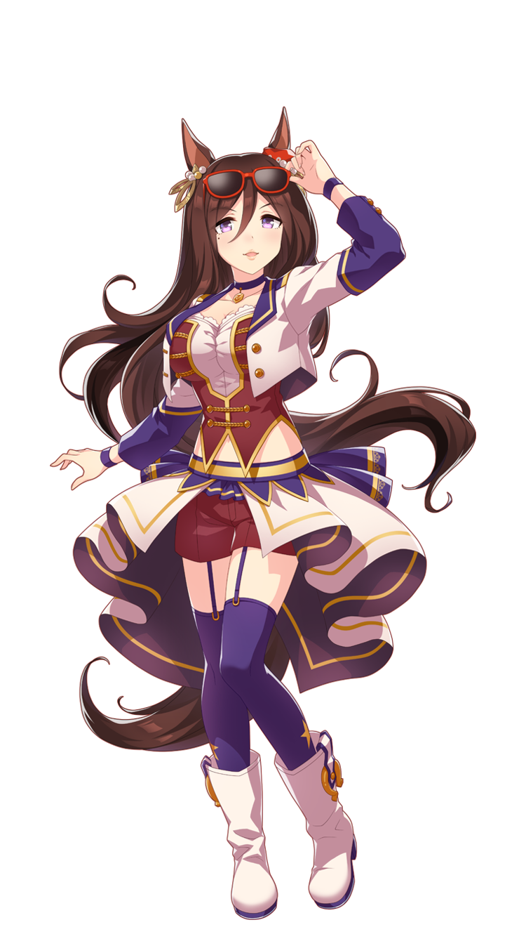 1girl animal_ears brown_hair common_race_outfit_(umamusume) full_body highres horse_ears long_hair official_alternate_costume official_art red-framed_eyewear seeking_the_pearl_(umamusume) solo sunglasses thigh-highs transparent_background umamusume very_long_hair violet_eyes