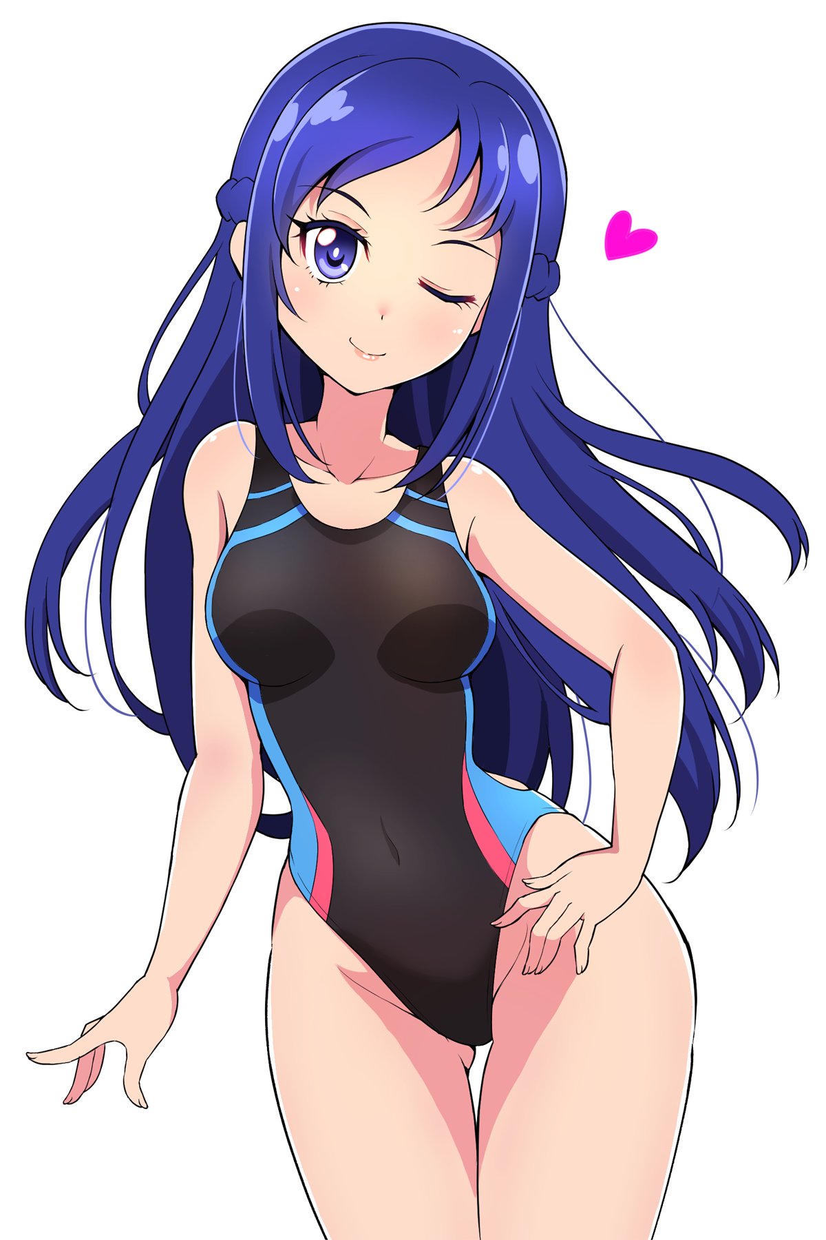 1girl ass_visible_through_thighs black_swimsuit blue_eyes blue_hair blue_swimsuit braid breasts collarbone cowboy_shot dokidoki!_precure forehead hand_on_hip heart highres hishikawa_rikka kaatsukun lips looking_at_viewer medium_breasts multicolored_clothes multicolored_swimsuit one_eye_closed precure red_swimsuit simple_background smile solo swimsuit white_background
