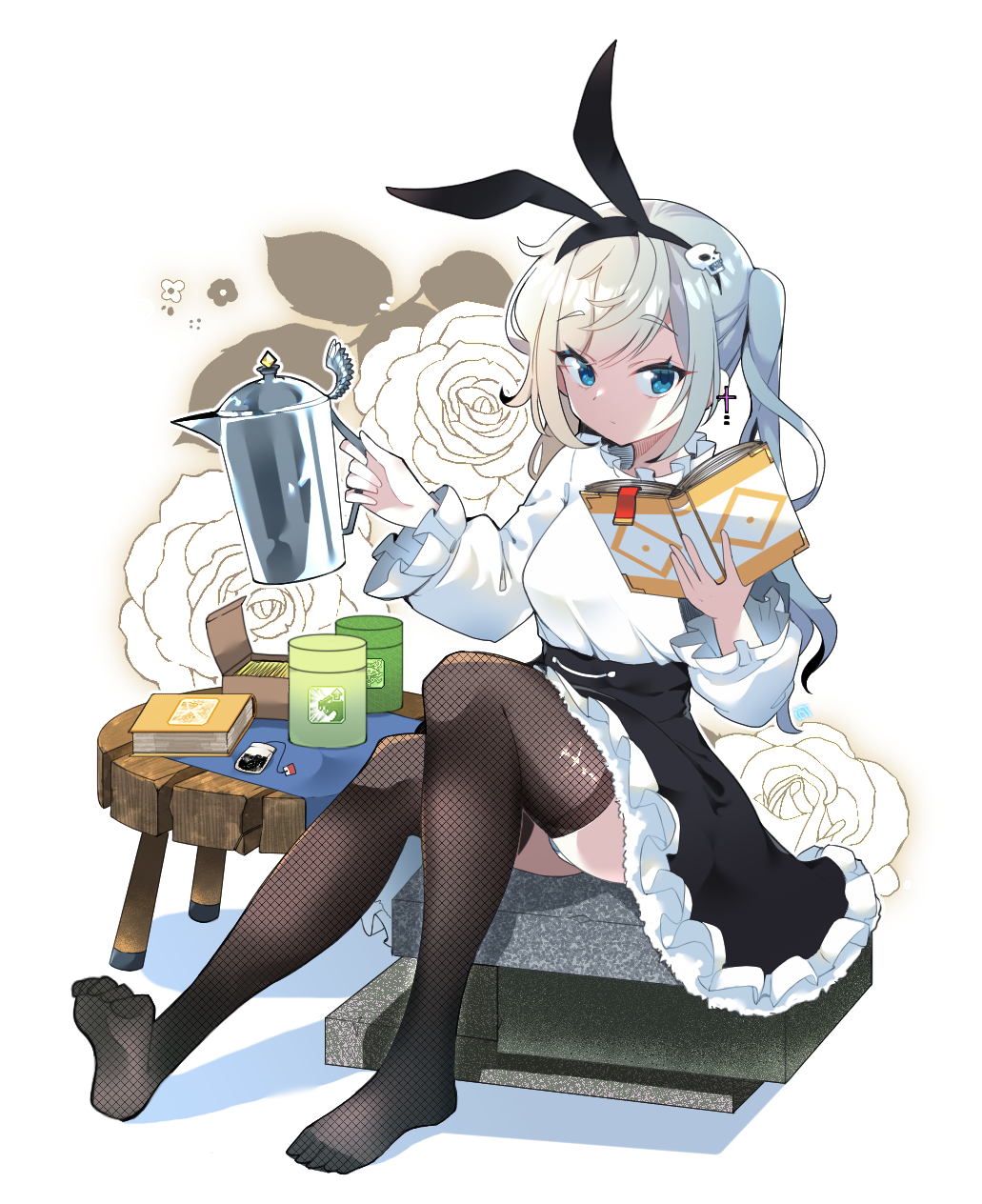 1girl black_hairband black_legwear black_skirt book breasts commission fishnet_legwear fishnets frilled_skirt frills hairband hesh183 highres holding holding_book light_blue_eyes light_green_hair maplestory medium_breasts shirt sitting skirt soles solo thigh-highs toes twintails white_shirt