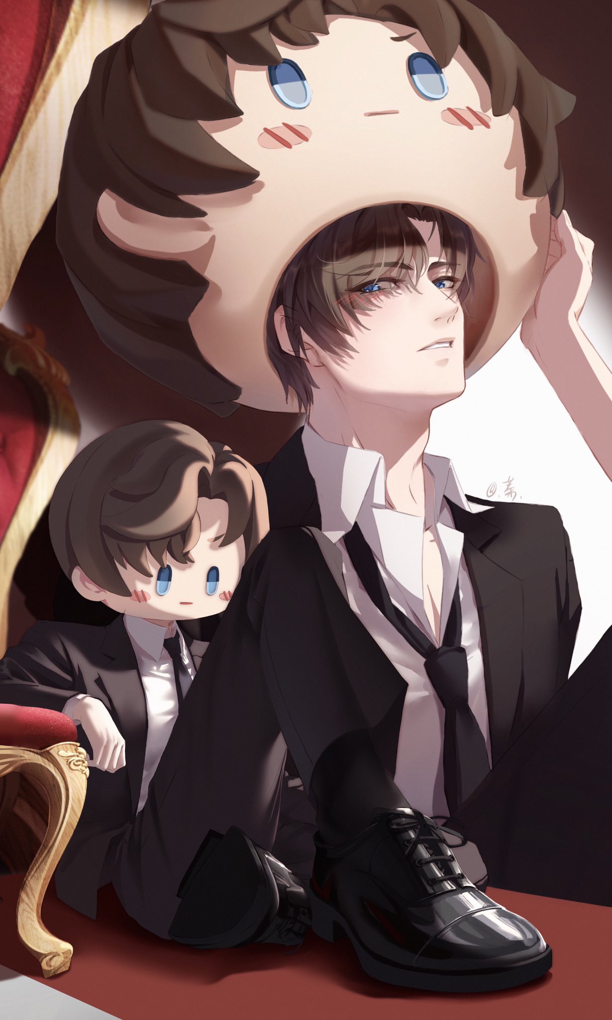 1boy artem_wing_(tears_of_themis) bangs black_footwear black_jacket black_necktie blue_eyes brown_hair chair cyz6_6 formal highres jacket long_sleeves looking_at_viewer mascot_head multiple_views necktie on_floor open_mouth polo_shirt shirt short_hair sitting tears_of_themis teeth white_shirt