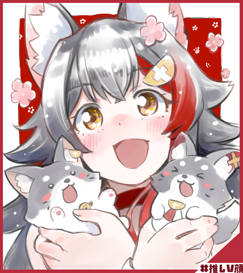 1girl animal_ear_fluff animal_ears black_hair blush border commentary_request eyebrows_visible_through_hair fox_ears fox_girl hair_between_eyes hair_ornament hairclip holding hololive kurose_kousuke looking_at_viewer miofa_(ookami_mio) ookami_mio open_mouth paw_print redhead smile virtual_youtuber wolf_ears wolf_girl