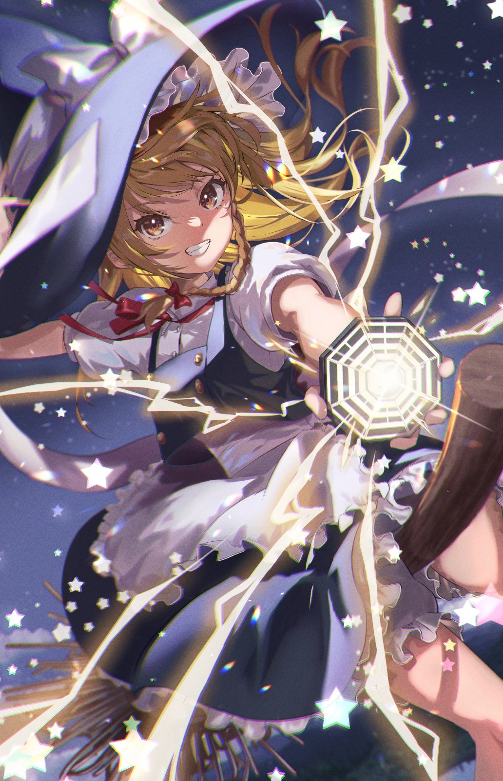 1girl apron bangs black_headwear blonde_hair braid broom broom_riding buttons eyebrows_visible_through_hair fujiwara_aoi grin highres kirisame_marisa long_hair mini-hakkero short_sleeves side_braid single_braid smile solo star_(symbol) touhou waist_apron white_apron yellow_eyes