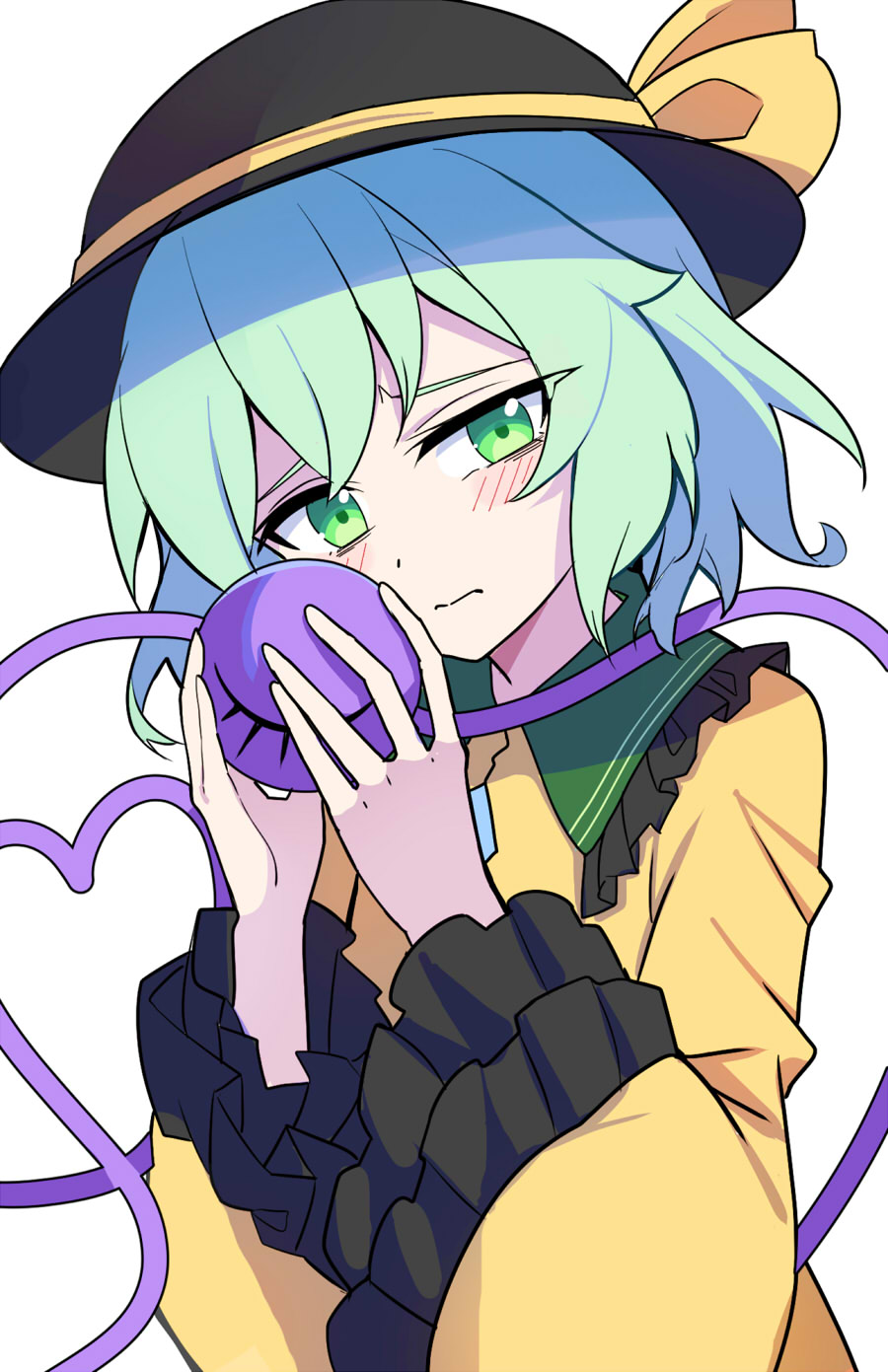 1girl black_headwear blush closed_mouth collared_shirt e.o. eyeball frilled_shirt_collar frilled_sleeves frills green_eyes green_hair hair_between_eyes hat hat_ribbon heart heart_of_string highres komeiji_koishi long_sleeves ribbon shirt short_hair simple_background solo third_eye touhou upper_body white_background wide_sleeves yellow_ribbon yellow_shirt