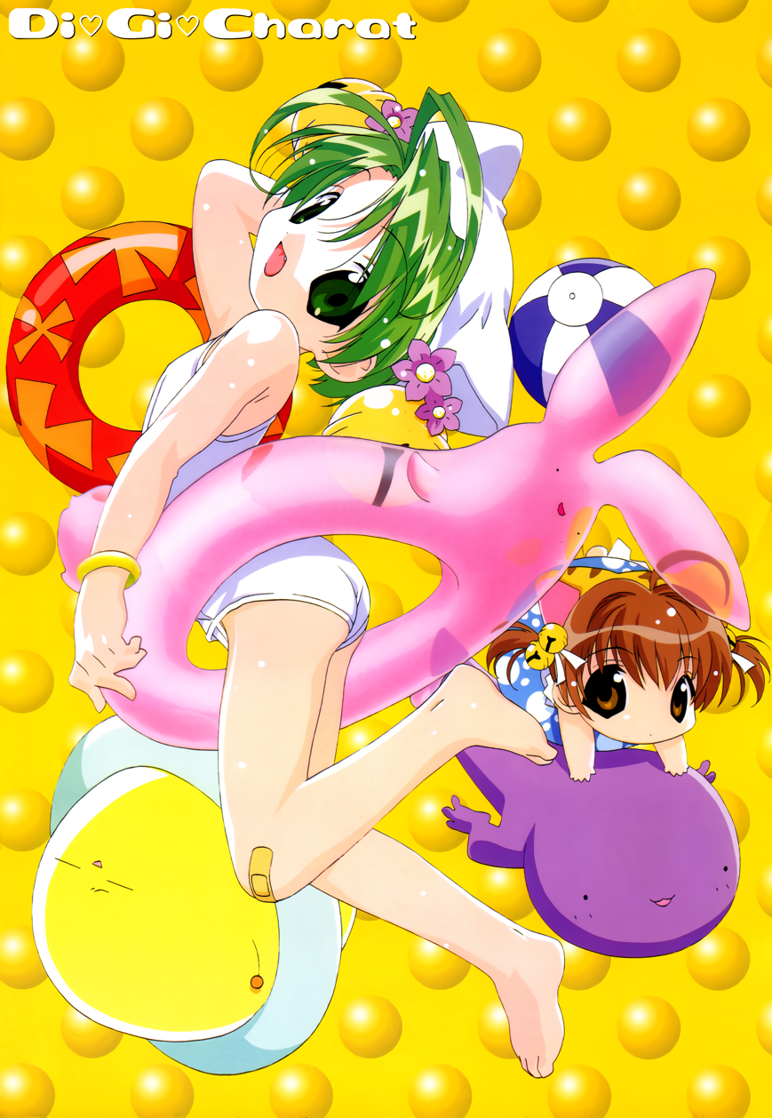 2girls ahoge animal_ears arm_behind_head arm_up ball bandaid bandaid_on_knee bandaid_on_leg bangs barefoot beachball bell bracelet brown_eyes brown_hair cat_ears chibi copyright_name dejiko di_gi_charat eyebrows_visible_through_hair flower full_body gema green_eyes green_hair hair_bell hair_ornament hat highres innertube jewelry jingle_bell multiple_girls official_art one-piece_swimsuit open_mouth patterned_background puchiko school_swimsuit short_hair swimsuit watanabe_akio white_swimsuit yellow_background