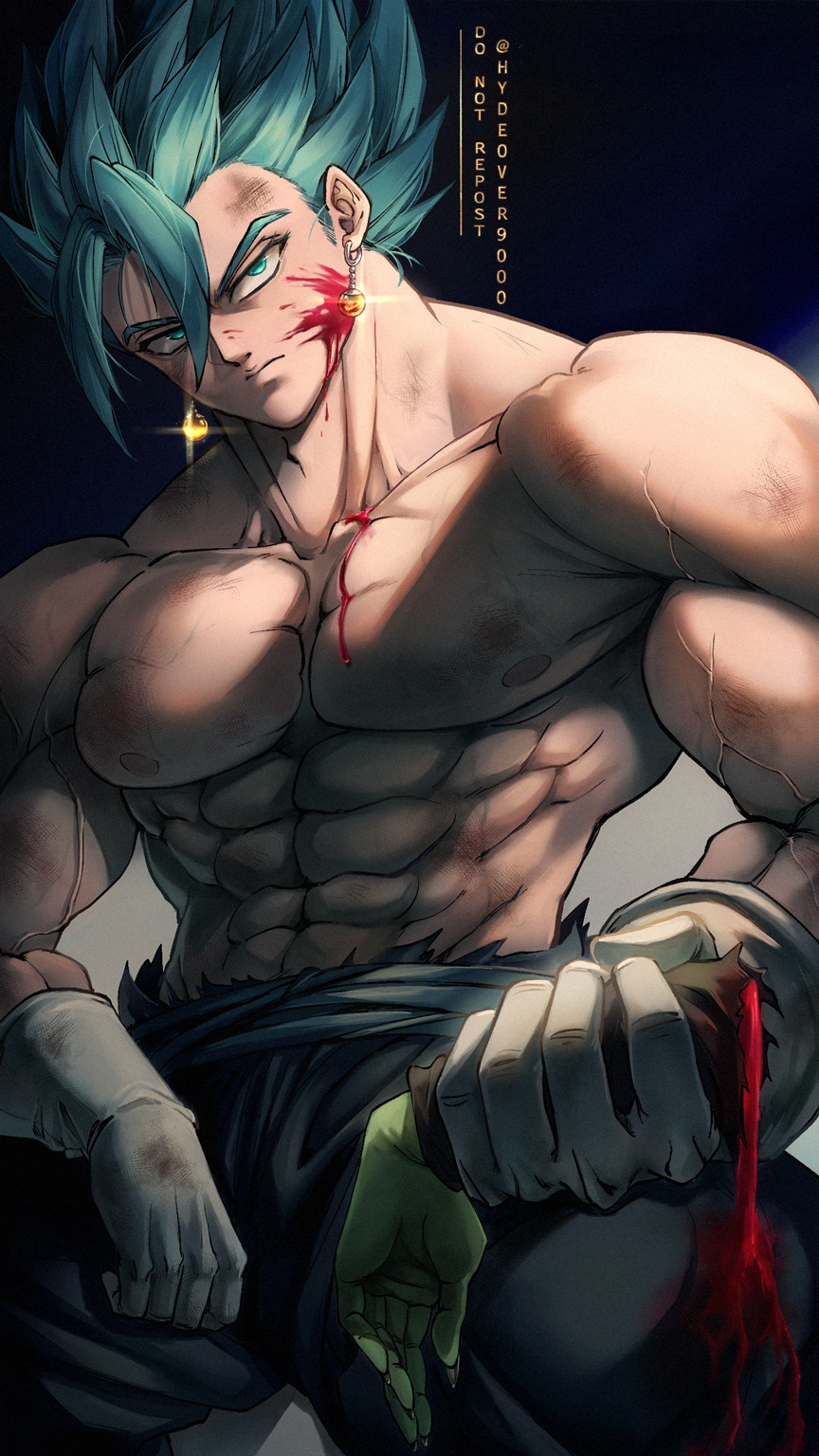 1boy abs blood blood_on_face blue_eyes blue_hair dragon_ball dragon_ball_super earrings gloves highres hydeover9000 jewelry looking_at_viewer male_focus muscular muscular_male pants pectorals potara_earrings sash severed_hand solo spiky_hair super_saiyan super_saiyan_blue topless_male torn_clothes vegetto white_gloves