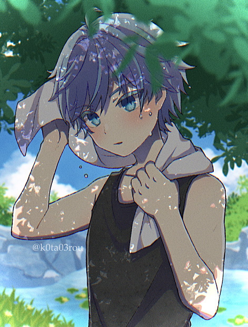 1boy bangs bare_shoulders black_shirt blue_eyes blue_hair blue_sky blurry blurry_background blush chongyun_(genshin_impact) clouds cloudy_sky dappled_sunlight day drying genshin_impact grass hair_between_eyes highres holding holding_towel k0ta03rou male_focus open_mouth outdoors shirt short_hair short_sleeves sky sunlight sweat towel towel_around_neck towel_on_head tree tree_shade upper_body water