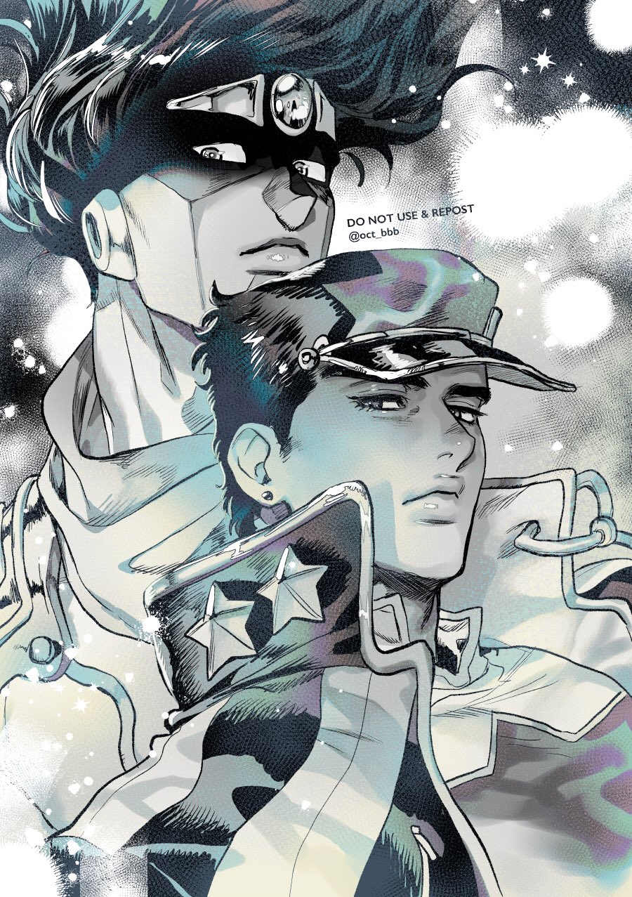 2boys chain coat collar_chain collared_coat earrings expressionless floating_hair grey_background hat highres jewelry jojo_no_kimyou_na_bouken kujo_jotaro looking_at_viewer looking_down male_focus monochrome multiple_boys muscular muscular_male nitako protected_link shaded_face spot_color stand_(jojo) star_(symbol) star_platinum stone_ocean twitter_username