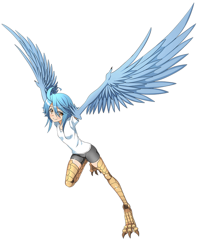 1girl ahoge artist_request bad_source bangs bird_legs black_shorts blue_feathers blue_hair blue_wings blush full_body hair_between_eyes harpy monster_girl monster_musume_no_iru_nichijou monster_musume_no_iru_nichijou_online official_alternate_costume official_art papi_(monster_musume) shirt shorts transparent_background white_shirt winged_arms wings