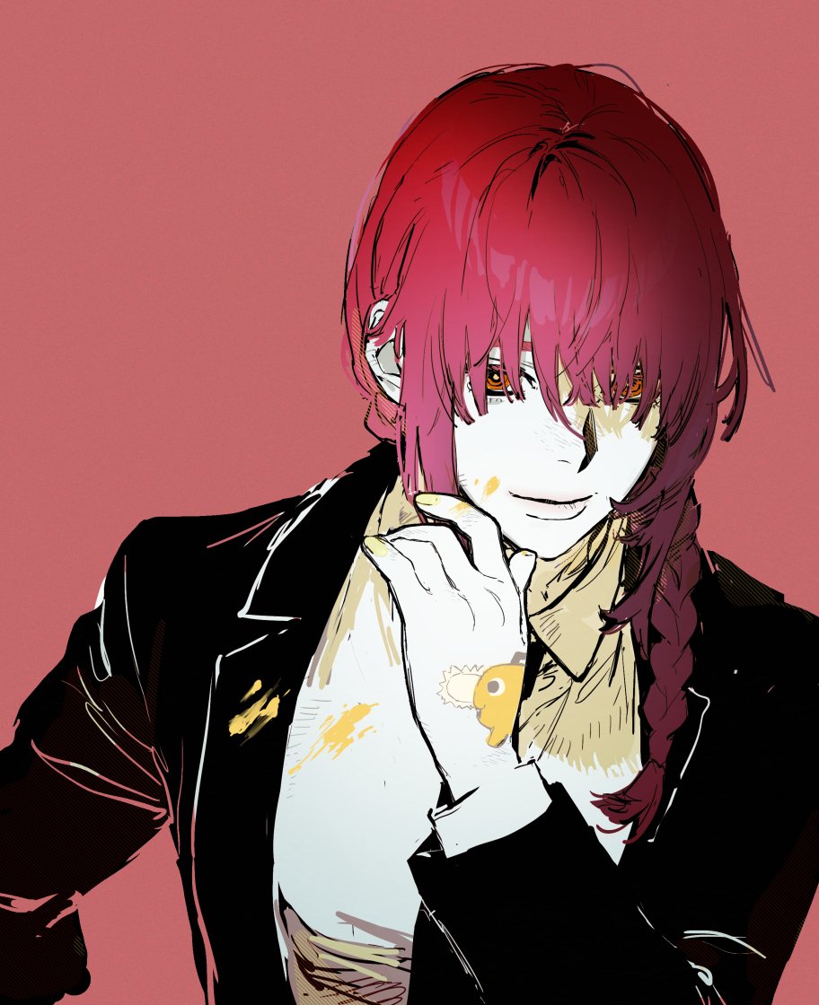 bangs black_coat black_necktie braid braided_ponytail business_suit chainsaw_man coat formal looking_at_viewer makima_(chainsaw_man) necktie pochita_(chainsaw_man) ponytail red_background redhead ringed_eyes sankomichi simple_background smile stylized_blood suit