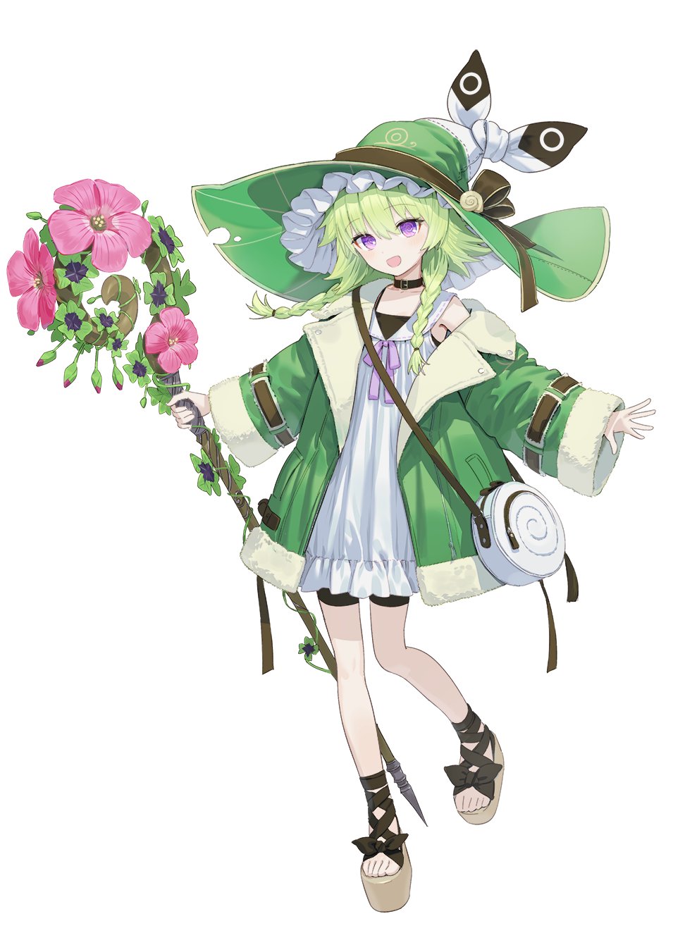 1girl :d bag bangs black_choker black_shorts braid brown_ribbon buckle choker commentary dress eyebrows_visible_through_hair flower frilled_hat frills full_body fur-trimmed_jacket fur_trim green_hair green_headwear green_jacket hair_over_shoulder hat hat_ribbon highres holding holding_staff jacket long_hair long_sleeves looking_at_viewer open_clothes open_jacket open_mouth original pink_flower purple_ribbon ribbon sandals short_dress shorts shorts_under_dress shoulder_bag simple_background smile solo staff standing twin_braids violet_eyes wasabi60 white_background white_dress