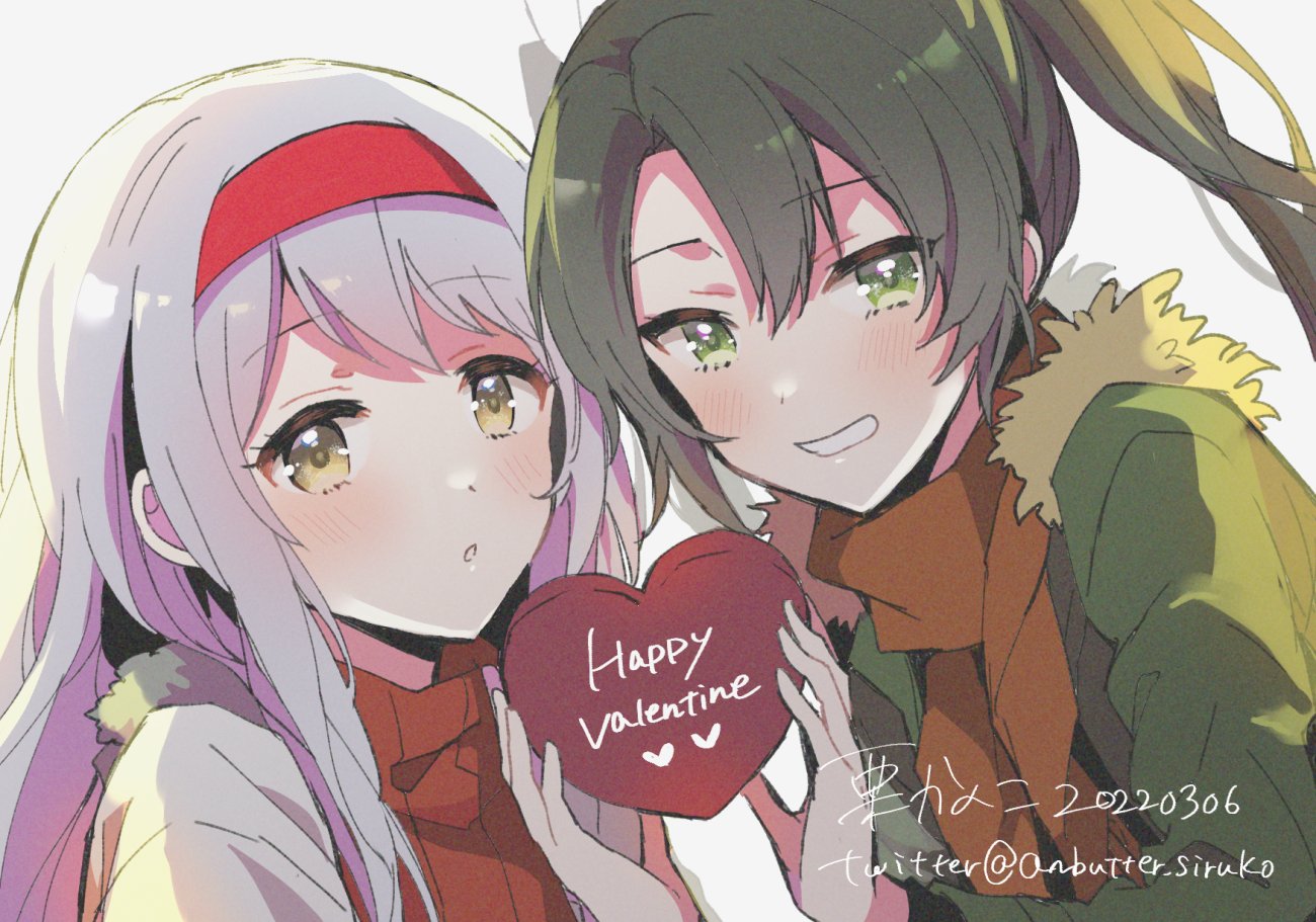 2girls anbutter_siruko artist_name blush box casual coat commentary dated fur_trim green_hair green_jacket hair_ribbon hairband heart-shaped_box jacket kantai_collection long_hair multiple_girls official_alternate_costume orange_scarf red_hairband red_sweater ribbed_sweater ribbon scarf shoukaku_(kancolle) smile sweater twintails twitter_username valentine white_coat white_hair white_ribbon zuikaku_(kancolle)